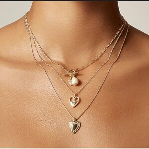J Crew Triple Chain Gold Heart Pendant  and fresh water pearl Necklace Set. NEW!